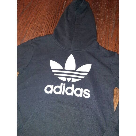 Youth Kids Small Adidas Black White Long Sleeve Pullover Hoodie Sweatshirt - Picture 2 of 4